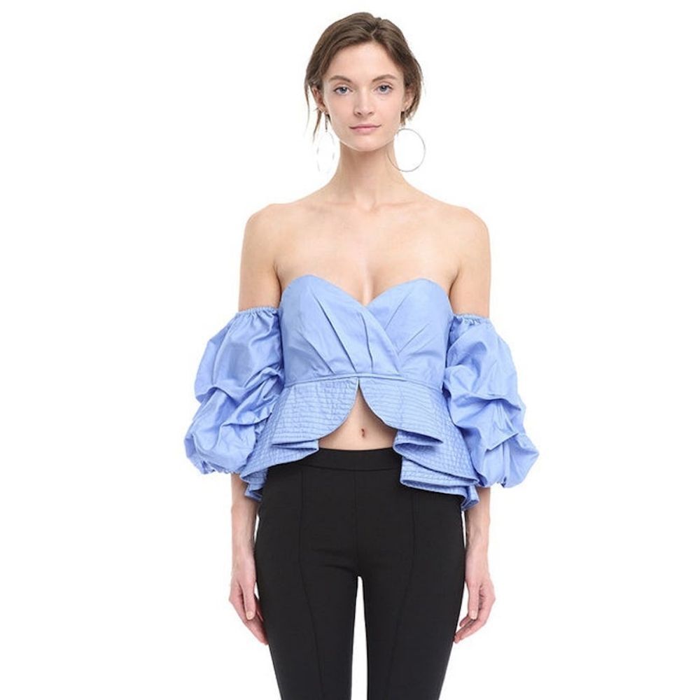 STYLE MAFIA Cliona Top Strappless Off Shoulder Bardot Puff Sleeve Peplum Shirt